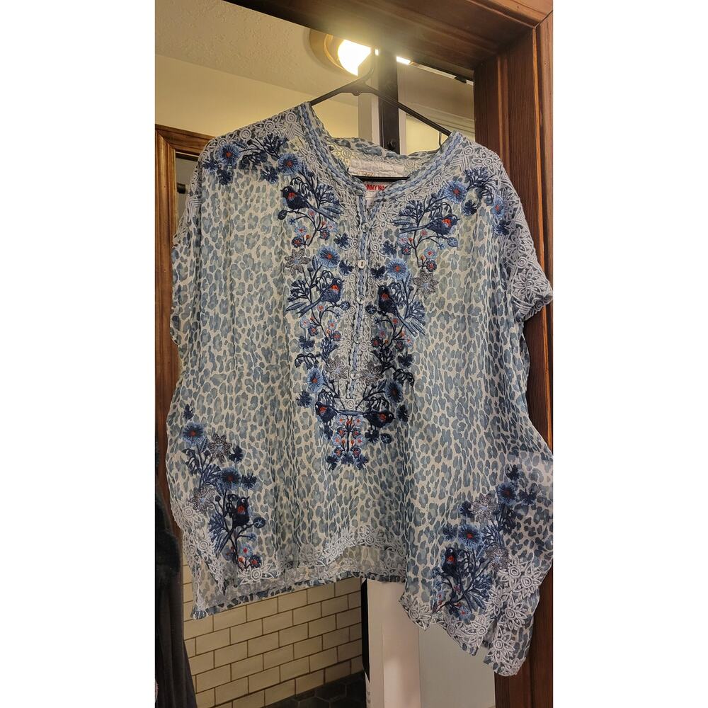 Johnny Was Biya blue chiffon blouse silk embroidered birds Large - Picture 2 of 3